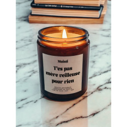 Bougie parfumée à message "T'es pas mère veilleuse pour rien" Muisti en pot apothicaire ambré