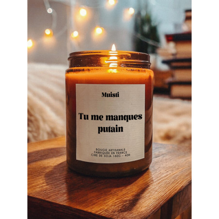 Bougie parfumée à message "Tu me manques putain" Muisti en pot apothicaire ambré