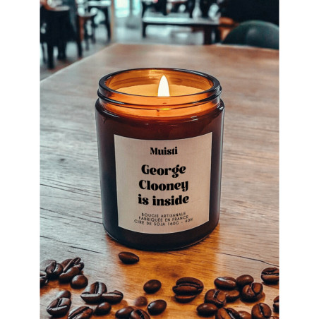 Bougie parfumée à message "George Clooney is inside" Muisti en pot apothicaire ambré