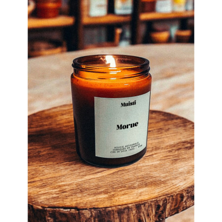 Bougie parfumée à message "Morue" Muisti en pot apothicaire ambré