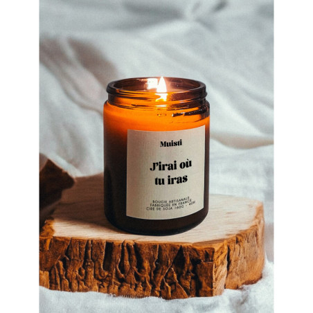 Bougie parfumée à message "J'irai où tu iras" Muisti en pot apothicaire ambré