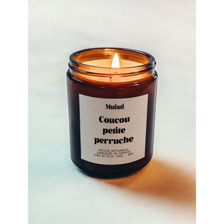 Bougie parfumée à message "Coucou petite perruche" Muisti en pot apothicaire ambré