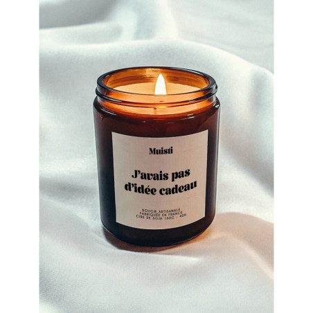 Bougie parfumée à message "J'avais pas d'idée cadeau" Muisti en pot apothicaire ambré