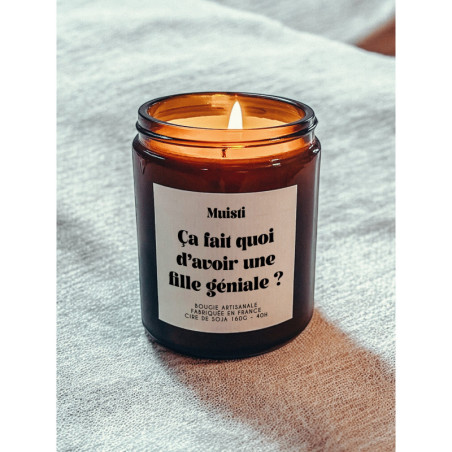 Bougie parfumée à message "Ça fait quoi d'avoir une fille géniale ?" Muisti en pot apothicaire ambré