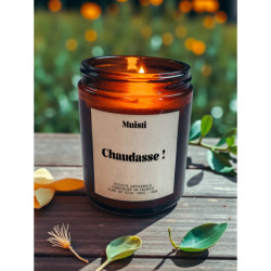 Bougie parfumée à message "Chaudasse" Muisti en pot apothicaire ambré
