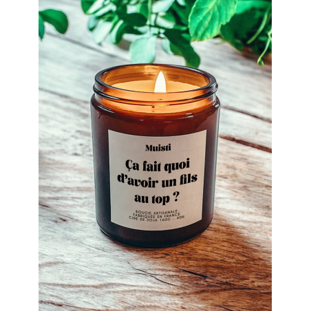 Bougie parfumée à message "Ça fait quoi d'avoir un fils au top ?" Muisti en pot apothicaire ambré