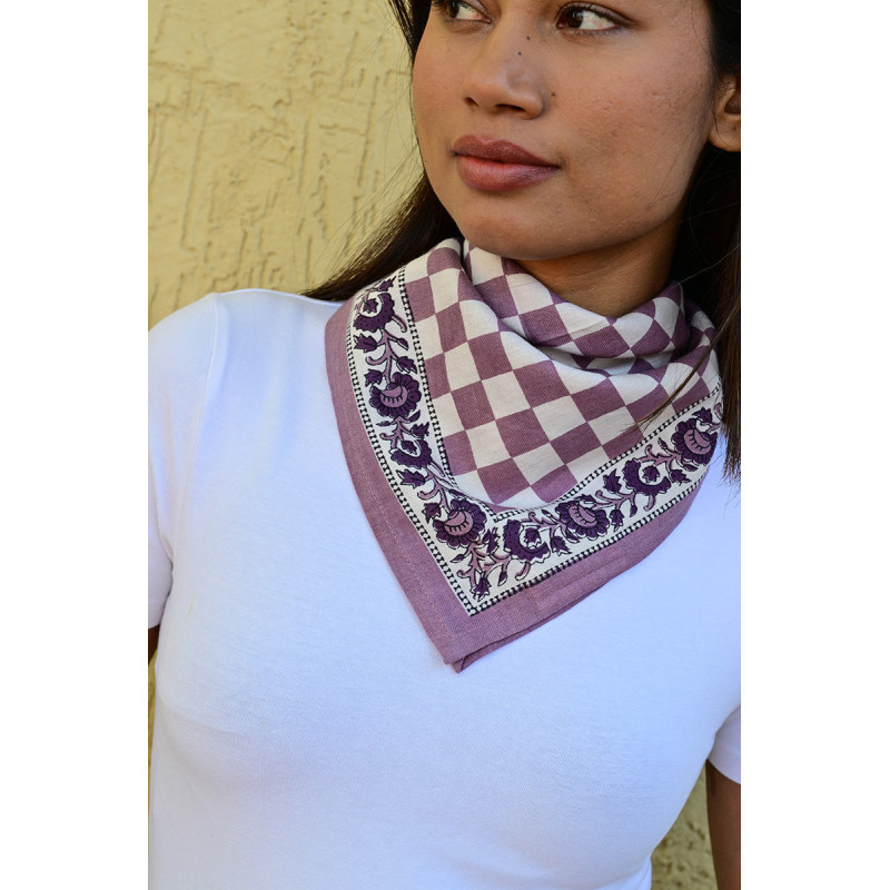 Byzantine petit foulard CHECKS Violet 50x50 cm block print indien coton
