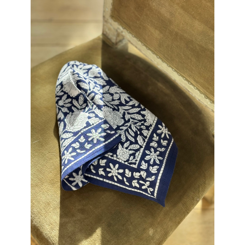 Byzantine petit foulard ANTIOCHE Bleu 50x50 cm block print indien coton