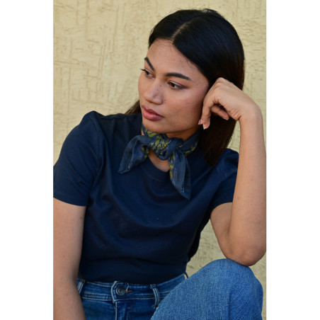 Byzantine petit foulard GALATIE Bleu marine 50x50 cm block print indien coton