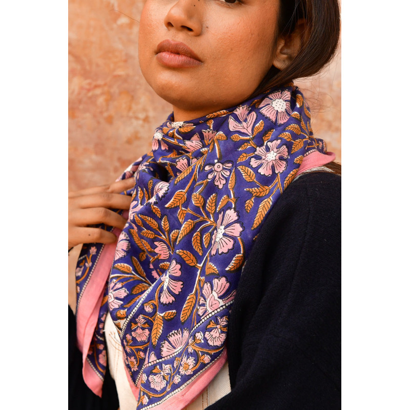 Byzantine petit foulard N°115 Cobalt 50x50 cm block print indien coton