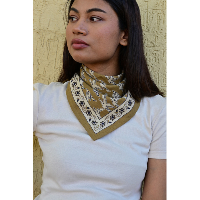 Byzantine petit foulard MERCURE Bistre 50x50 cm block print indien coton