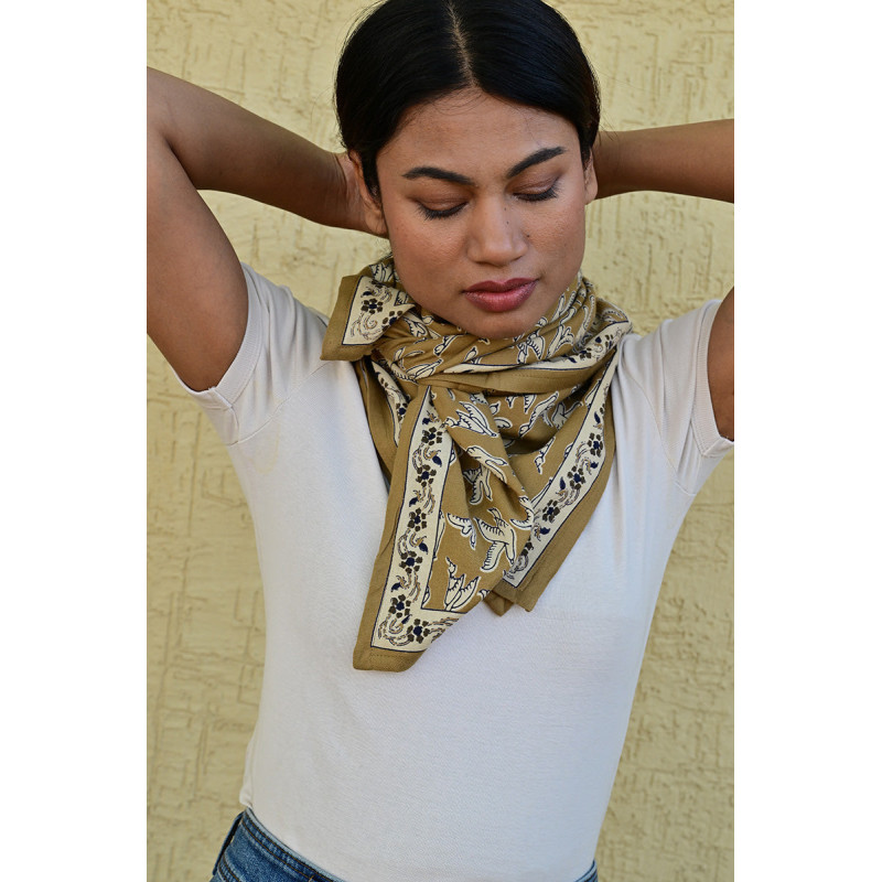 Byzantine grand foulard MERCURE Bistre 100x100 cm block print indien coton