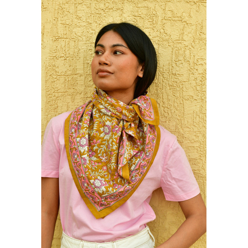 Byzantine grand foulard CALYPSO Caramel 100x100 cm block print indien coton