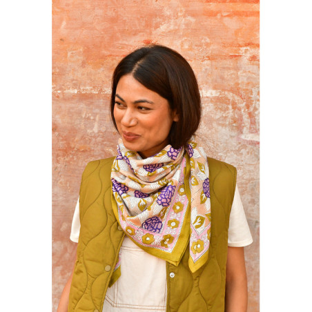 Byzantine grand foulard PÉNÉLOPE Myrtille 100x100 cm block print indien coton