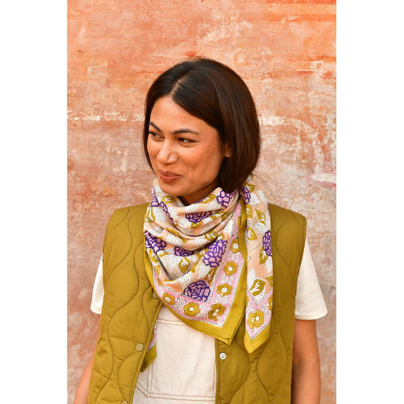 Byzantine grand foulard PÉNÉLOPE Myrtille 100x100 cm block print indien coton