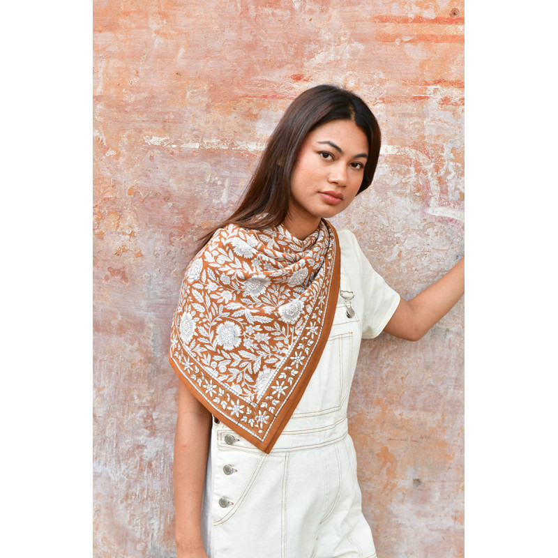 Byzantine grand foulard ANTIOCHE Havane 100x100 cm block print indien coton